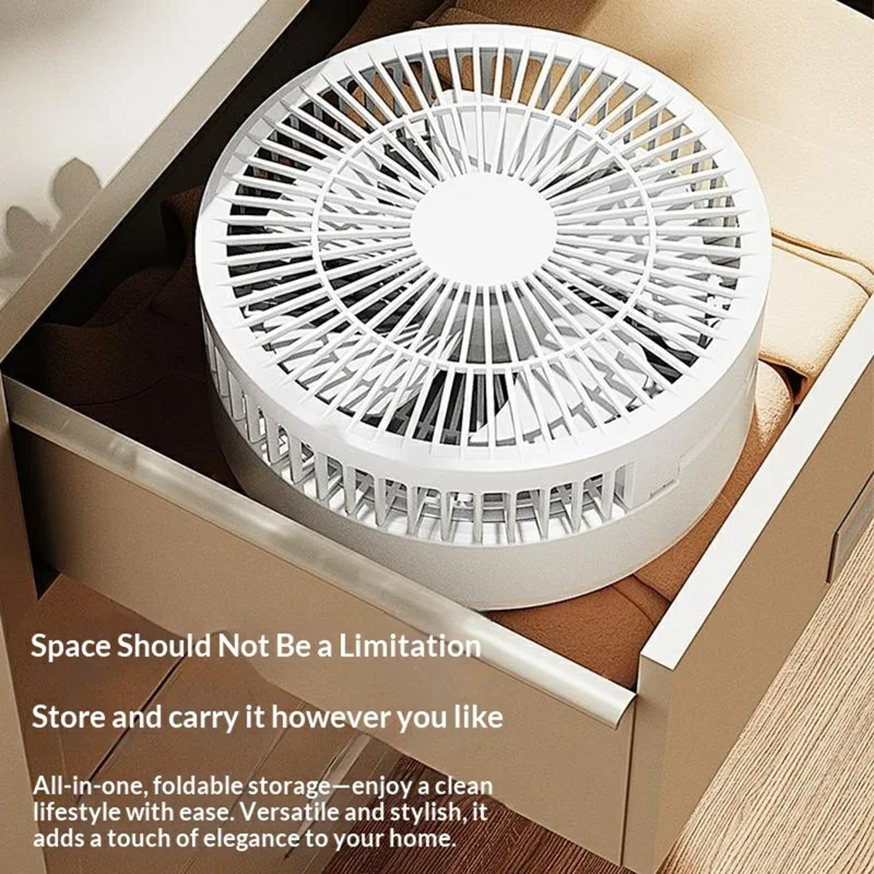 GX-01 Foldable Desk Circulating Fan 5-Speed 2400mAh USB Rechargeable Fan with LED Light Timer - White