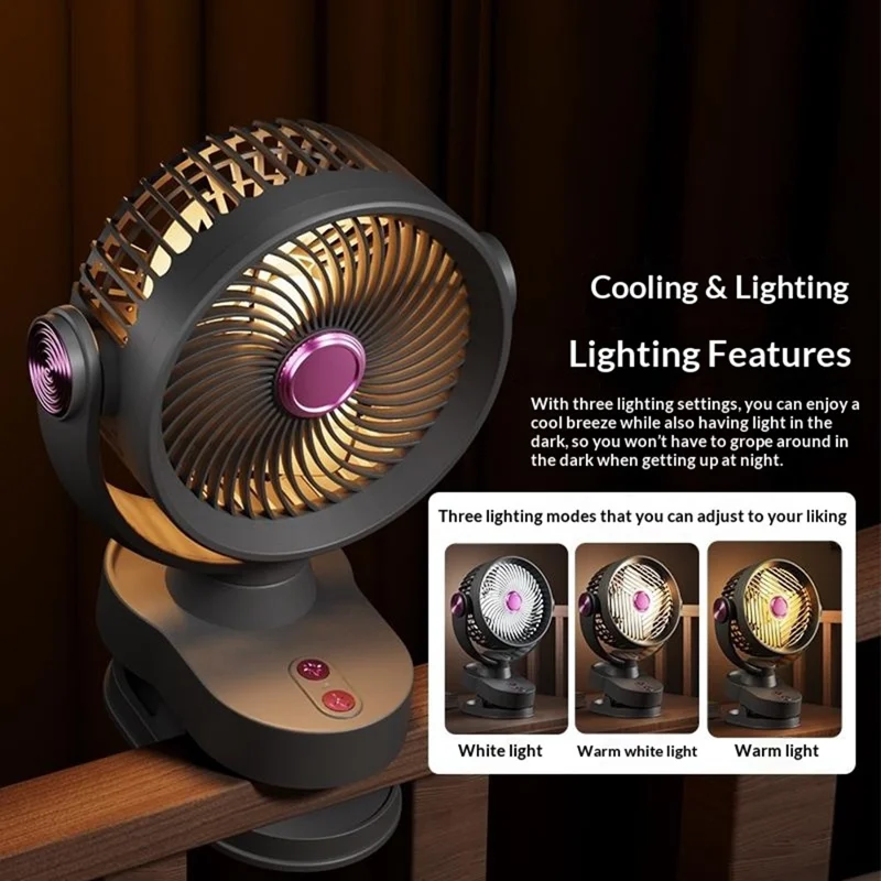 FS-001 USB Rechargeable Clip-On Oscillating Fan 3-Speed Adjustable with LED Light - Grey
