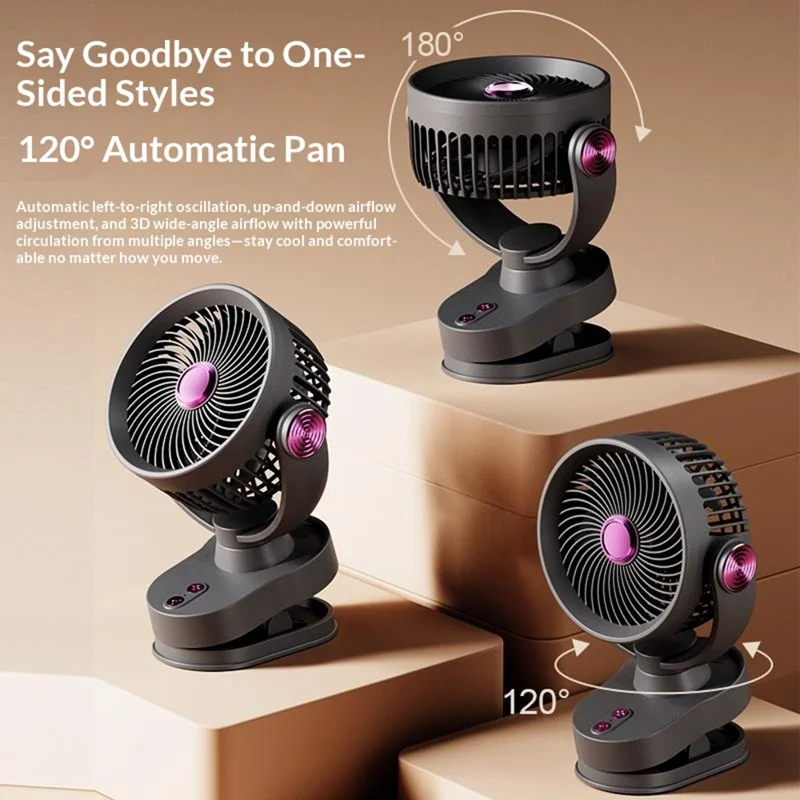 FS-001 USB Rechargeable Clip-On Oscillating Fan 3-Speed Adjustable with LED Light - Grey