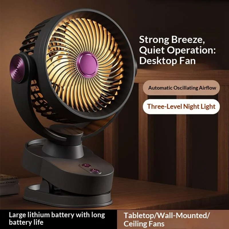 FS-001 USB Rechargeable Clip-On Oscillating Fan 3-Speed Adjustable with LED Light - Grey