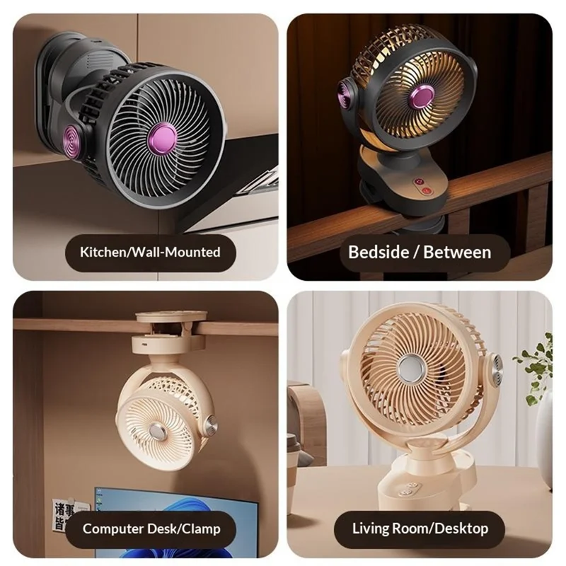 FS-001 USB Rechargeable Clip-On Oscillating Fan 3-Speed Adjustable with LED Light - Grey