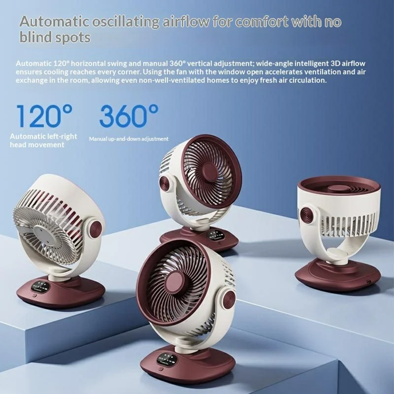 Ventilador de Sobremesa GX-01 con Oscilación Automática de 120°, Batería de 2400 mAh, Recargable por USB, Eficiente y Silencioso - Rojo + Blanco