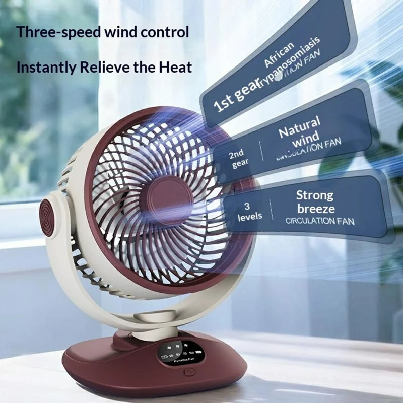 Ventilador de Sobremesa GX-01 con Oscilación Automática de 120°, Batería de 2400 mAh, Recargable por USB, Eficiente y Silencioso - Rojo + Blanco