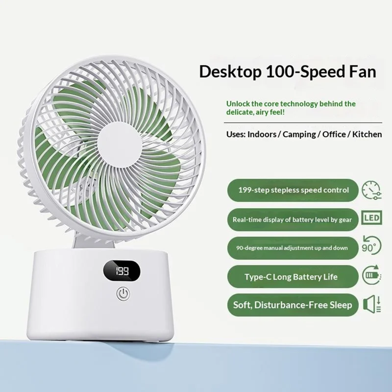 Ventilador de Escritorio Recargable FA10 con 199 Velocidades Ajustables Sin Escalones y Pantalla Digital para Hogar y Oficina - Blanco