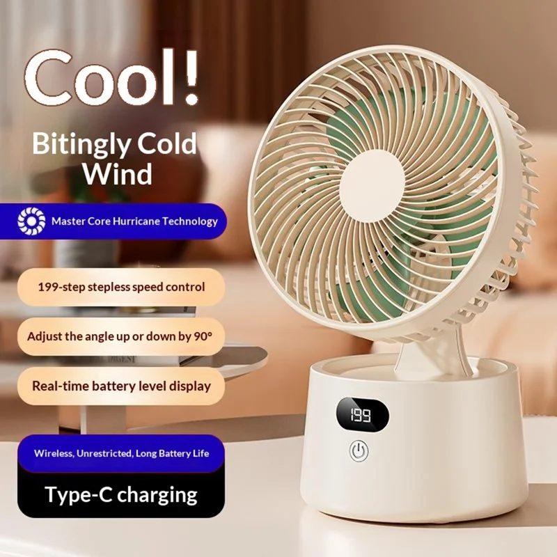 Ventilador de Escritorio Recargable FA10 con 199 Velocidades Ajustables Sin Escalones y Pantalla Digital para Hogar y Oficina - Blanco