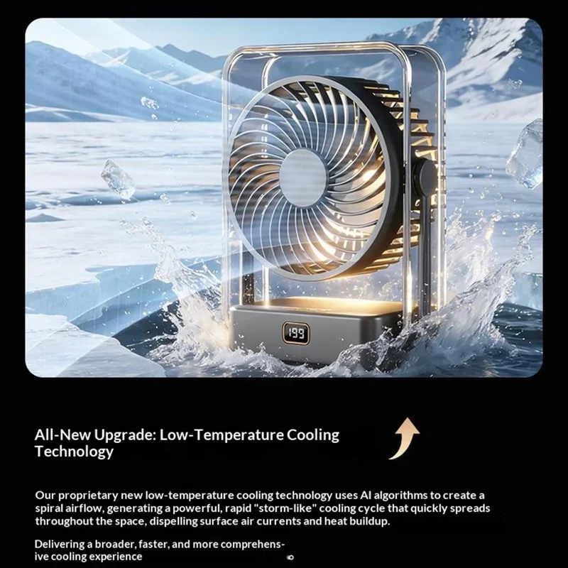FA12 Desktop Circulating Fan 199-Speed Stepless Digital Display Night Light Rechargeable Cooling Fan - Transparent Black