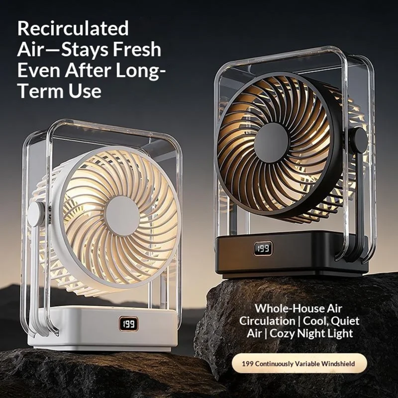 FA12 Desktop Circulating Fan 199-Speed Stepless Digital Display Night Light Rechargeable Cooling Fan - Transparent Black
