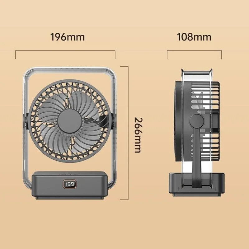 FA12 Desktop Circulating Fan 199-Speed Stepless Digital Display Night Light Rechargeable Cooling Fan - Transparent Black