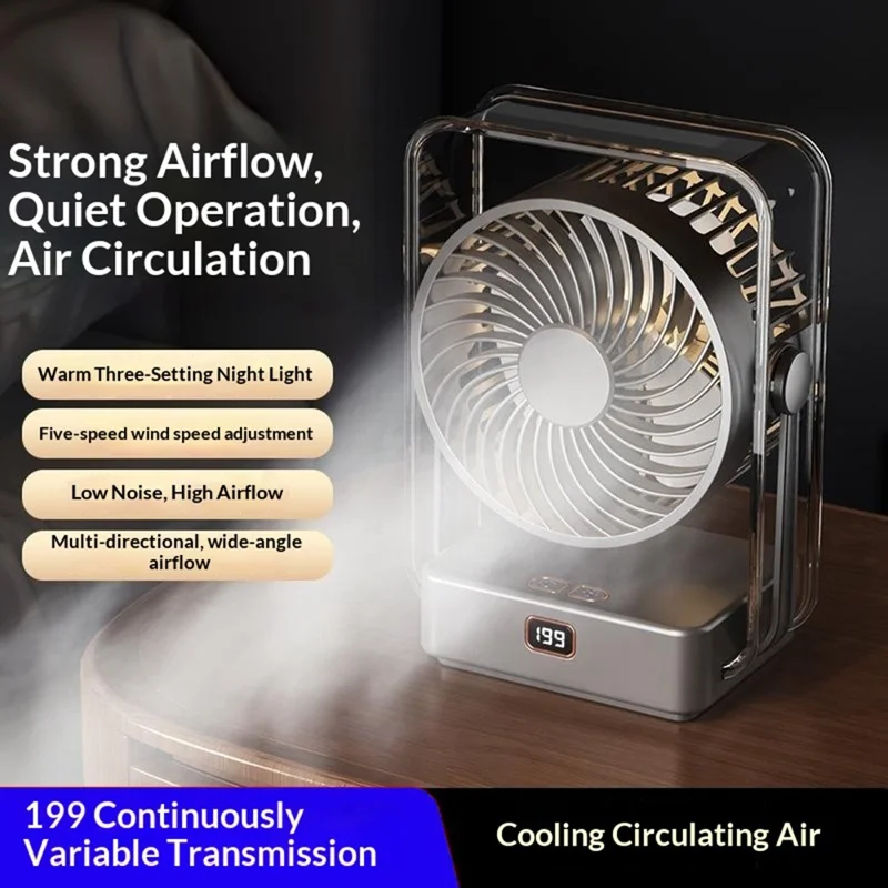 FA12 Desktop Circulating Fan 199-Speed Stepless Digital Display Night Light Rechargeable Cooling Fan - Transparent Black