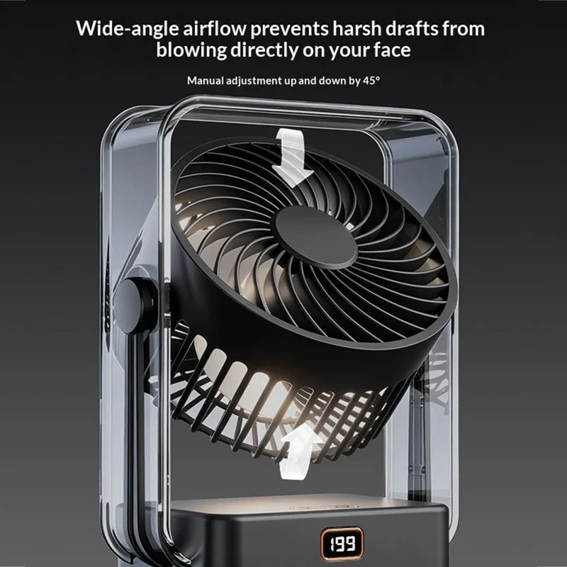 FA12 Desktop Circulating Fan 199-Speed Stepless Digital Display Night Light Rechargeable Cooling Fan - Transparent Black