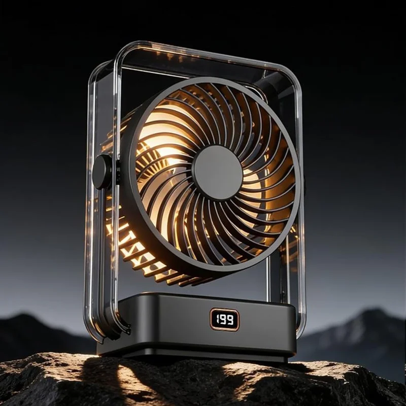 FA12 Desktop Circulating Fan 199-Speed Stepless Digital Display Night Light Rechargeable Cooling Fan - Transparent Black