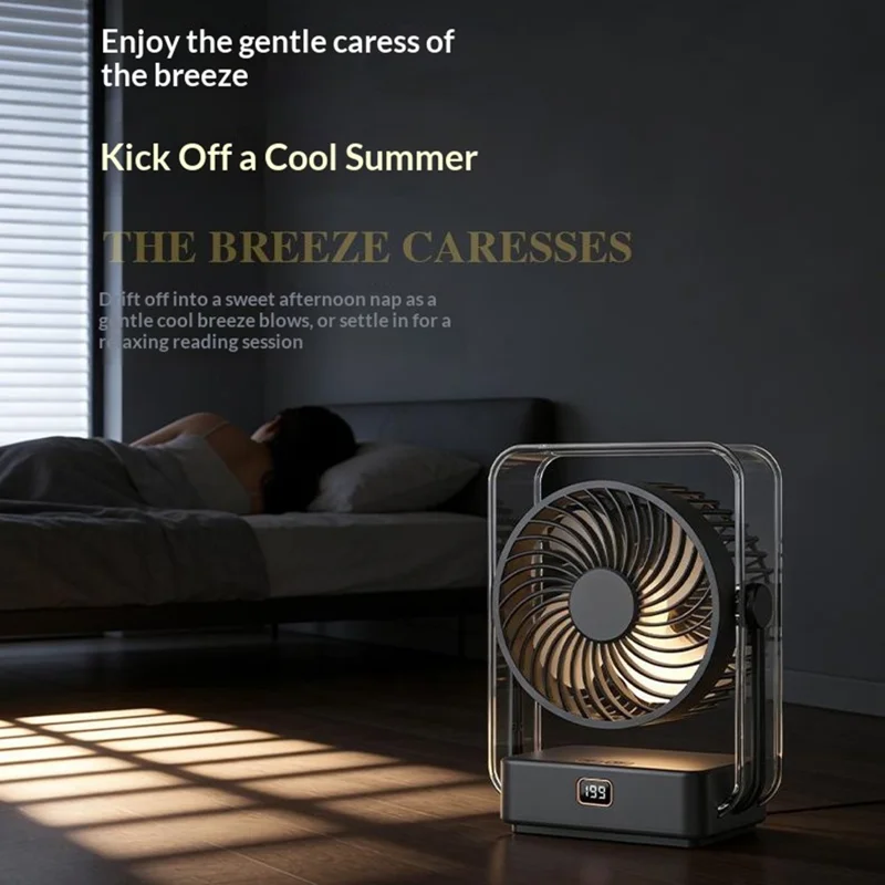 FA12 Desktop Circulating Fan 199-Speed Stepless Digital Display Night Light Rechargeable Cooling Fan - Transparent Black