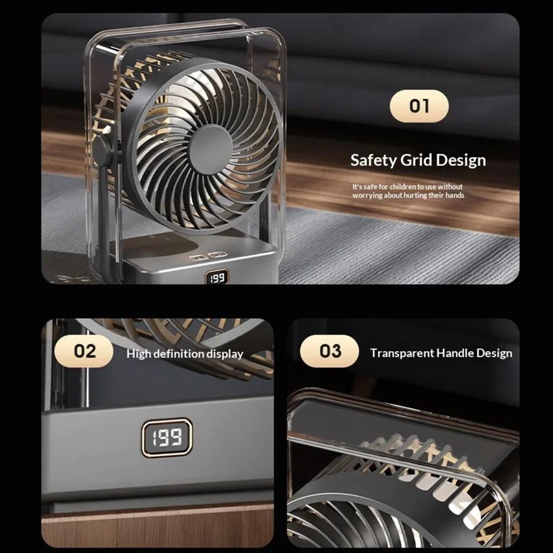 FA12 Desktop Circulating Fan 199-Speed Stepless Digital Display Night Light Rechargeable Cooling Fan - Transparent Black