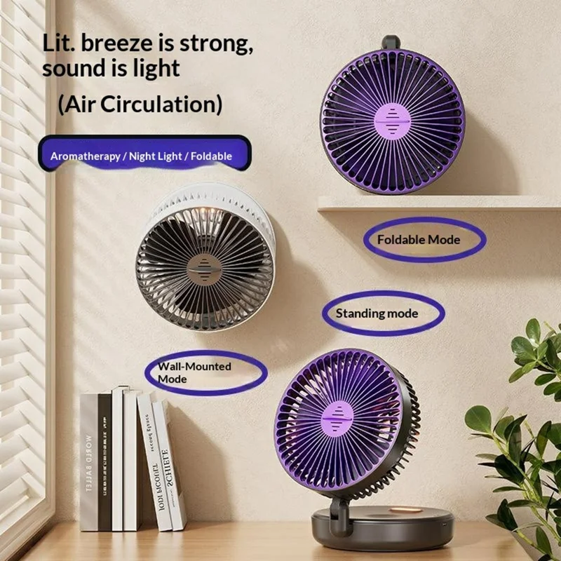 4800mAh USB-C Rechargeable Foldable Wall Mounted Circulating Fan with Night Light 5-Speed Brushless Fan - Grey