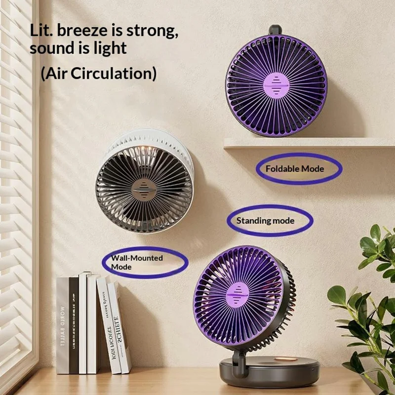 Foldable Wall-Mounted Fan 1200mAh USB-C Rechargeable 5-Speed Circulating Air Fan with Night Light - Grey