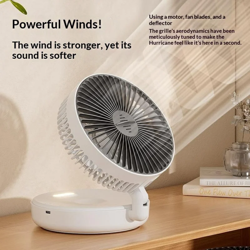 Foldable Wall-Mounted Fan 1200mAh USB-C Rechargeable 5-Speed Circulating Air Fan with Night Light - Grey