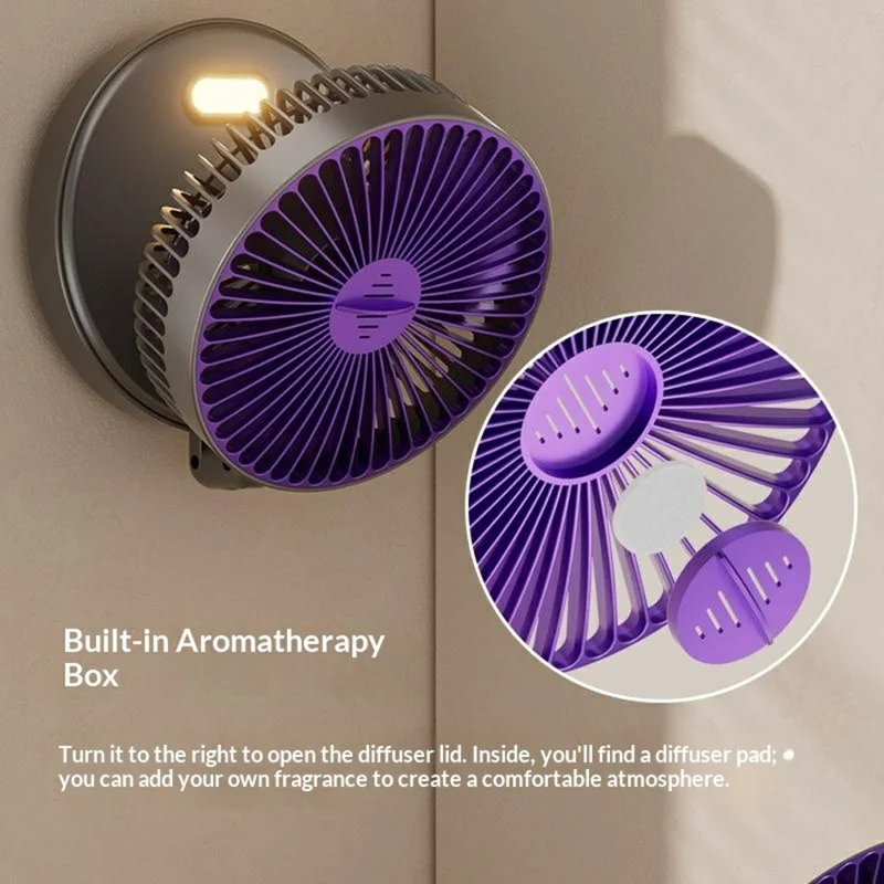 Foldable Wall-Mounted Fan 1200mAh USB-C Rechargeable 5-Speed Circulating Air Fan with Night Light - Grey