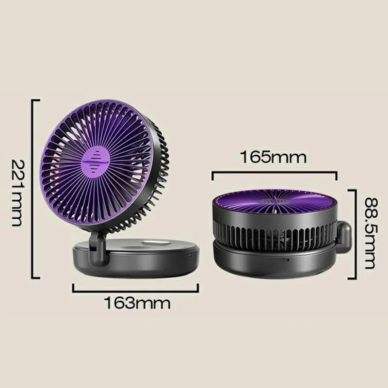 Foldable Wall-Mounted Fan 1200mAh USB-C Rechargeable 5-Speed Circulating Air Fan with Night Light - Grey