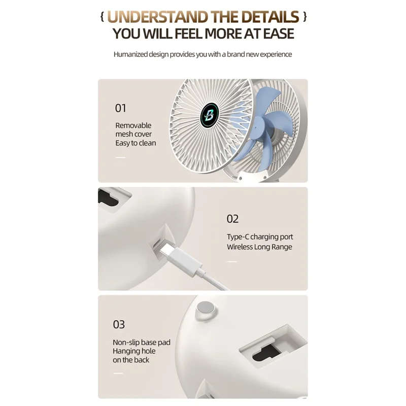 Ventilador portátil plegable de escritorio S1 1200mAh 3 velocidades 90° ajustable 23dB silencioso con montaje en pared - Blanco