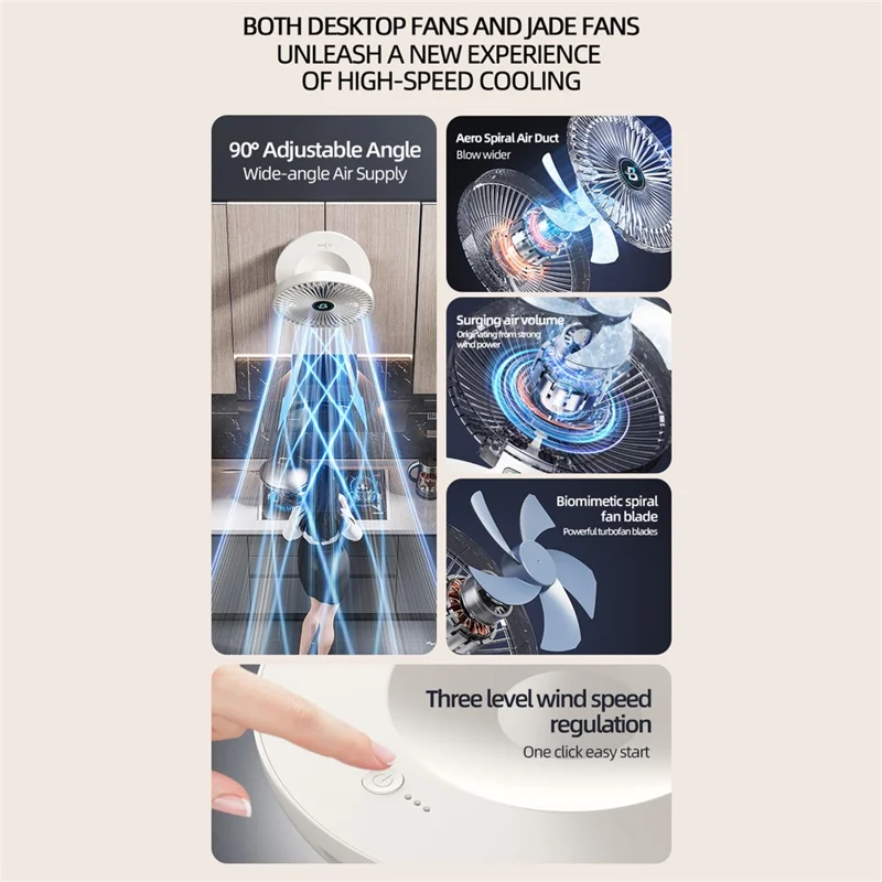 Ventilador portátil plegable de escritorio S1 1200mAh 3 velocidades 90° ajustable 23dB silencioso con montaje en pared - Blanco