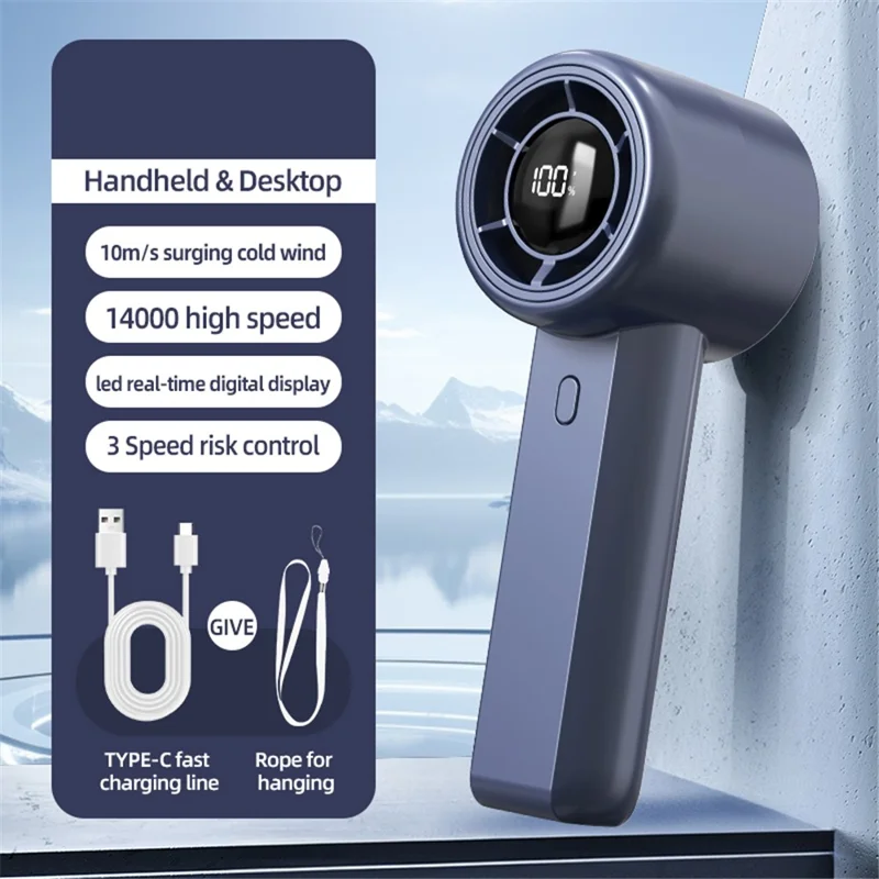 Mini Ventilador Portátil G1 com LED Digital, 14000RPM, 3 Velocidades Ajustáveis, Bateria 2000mAh, USB-C, para Mesa ou Uso Pessoal - Azul