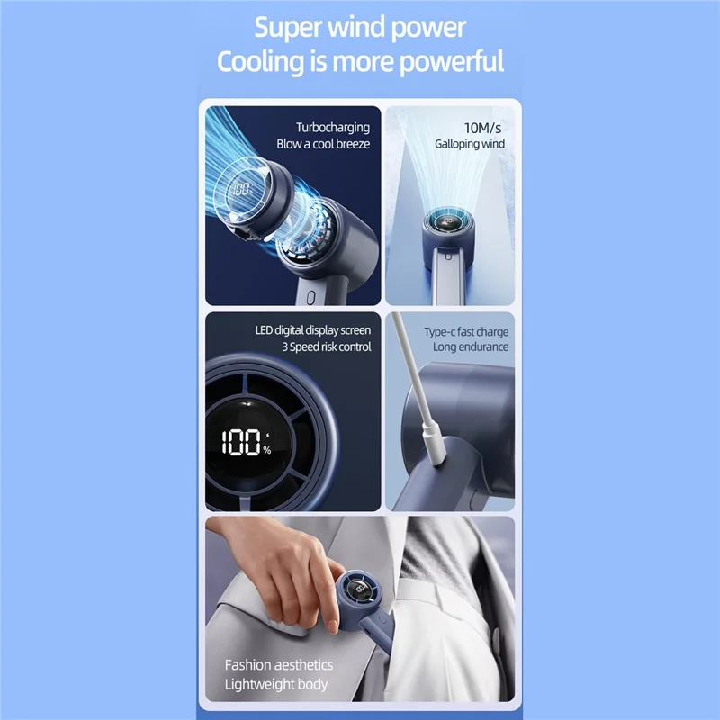 Mini Ventilador Portátil G1 com LED Digital, 14000RPM, 3 Velocidades Ajustáveis, Bateria 2000mAh, USB-C, para Mesa ou Uso Pessoal - Azul