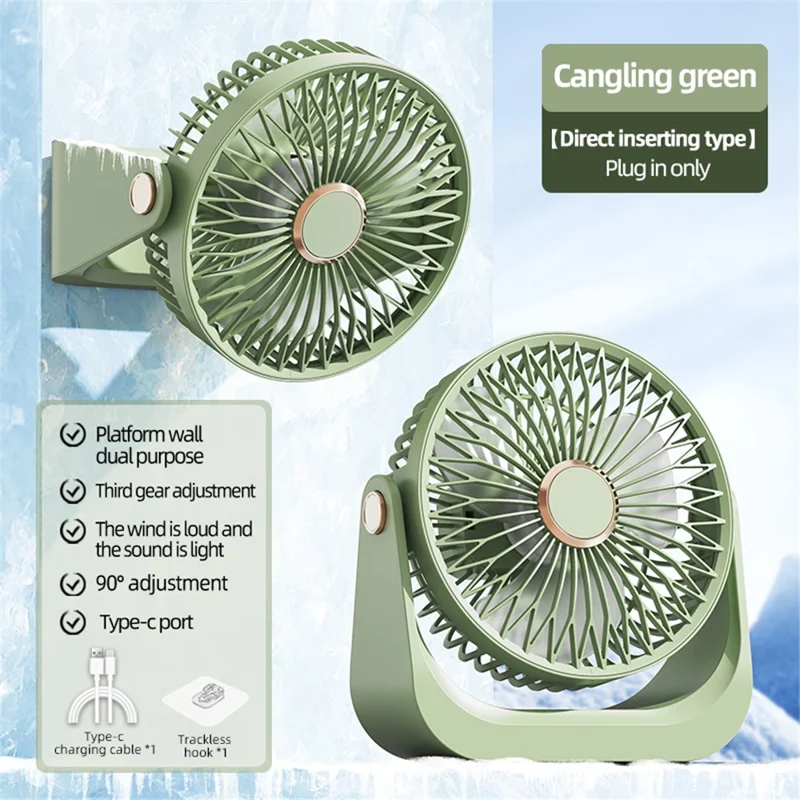 Ventilador Portátil S3 2 em 1 de Secretária e de Parede, Ventilador Recarregável de 1200 mAh com 3 Velocidades e Tipo-C para Circulação de Ar - Verde