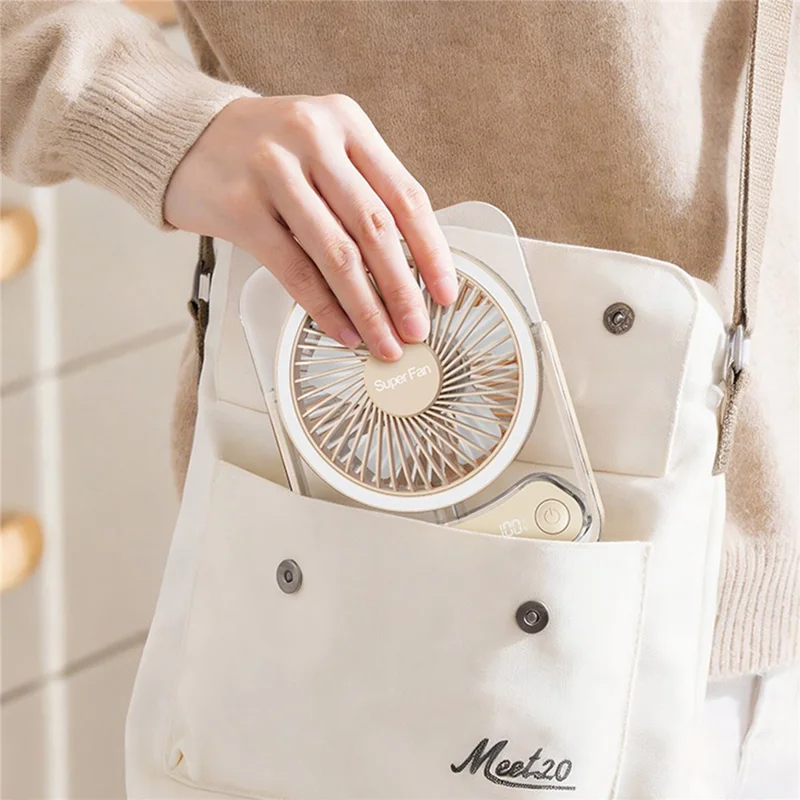 F10 Foldable Portable Desk Fan with LED Light 5-Speed 1200mAh Rechargeable Ultra Slim Cooling Fan - Beige