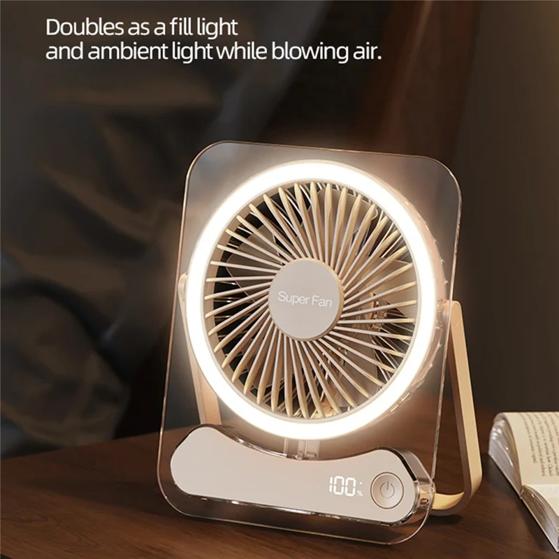 F10 Foldable Portable Desk Fan with LED Light 5-Speed 1200mAh Rechargeable Ultra Slim Cooling Fan - Beige