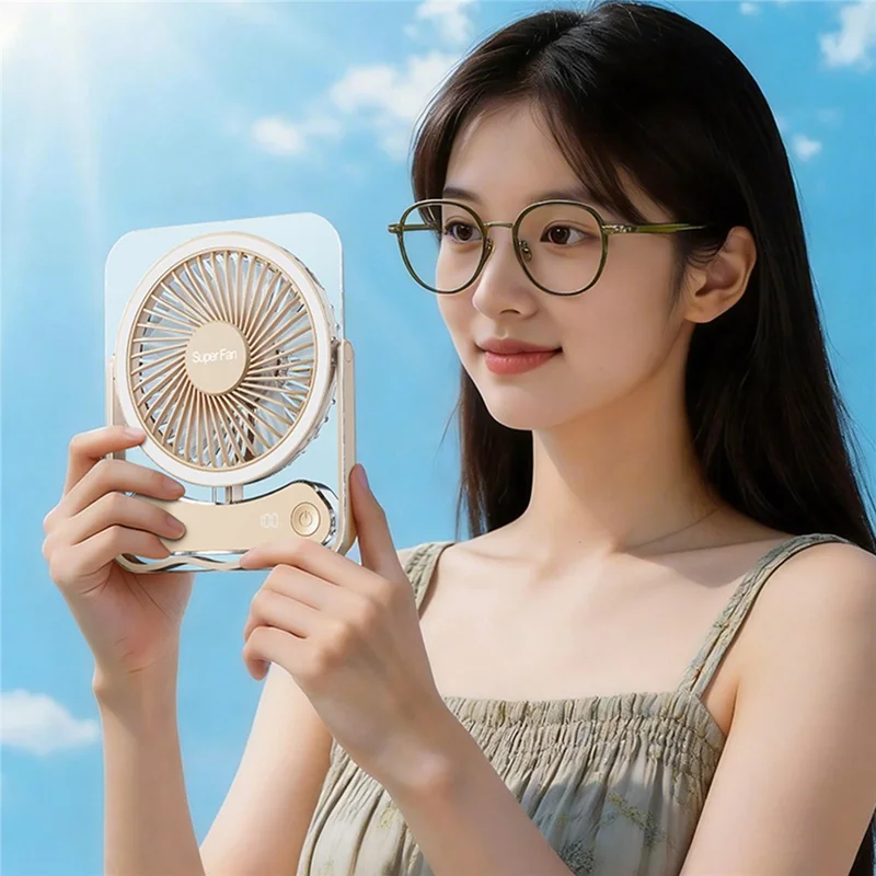 F10 Foldable Portable Desk Fan with LED Light 5-Speed 1200mAh Rechargeable Ultra Slim Cooling Fan - Beige
