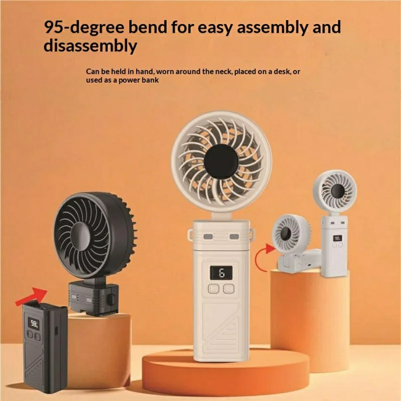 H01 Detachable Handheld Fan 5200mAh 6-Speed Portable Neck Fan with Power Bank and Flashlight - Ivory White