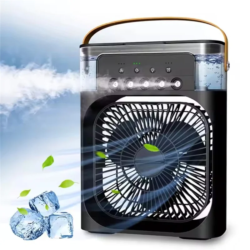 5-Hole Mist Spray 1800mAh USB Rechargeable Desktop Mini Cooling Fan with 7-Color Night Light - Black