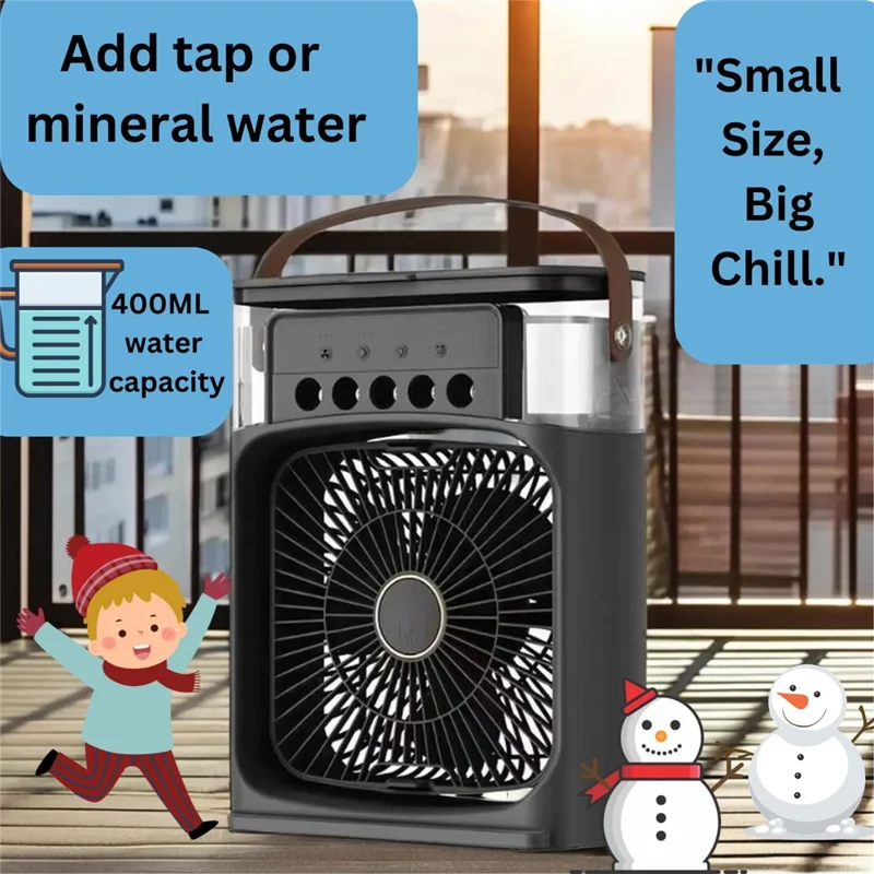 5-Hole Mist Spray 1800mAh USB Rechargeable Desktop Mini Cooling Fan with 7-Color Night Light - Black