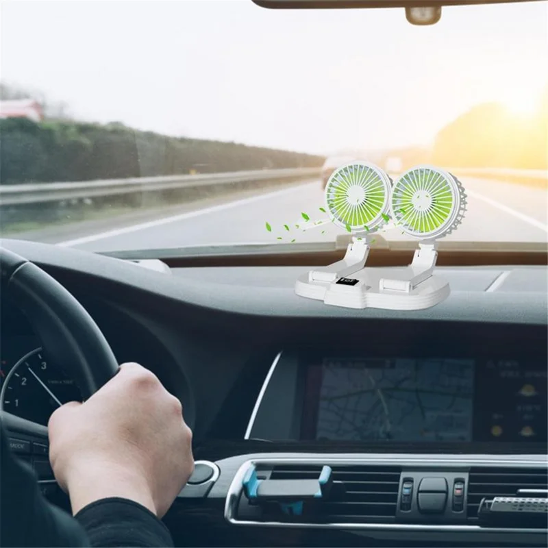 9626 360 Degree Rotation Double Head Car Cooling Fan Rechargeable Two Speeds Desk Fan - White