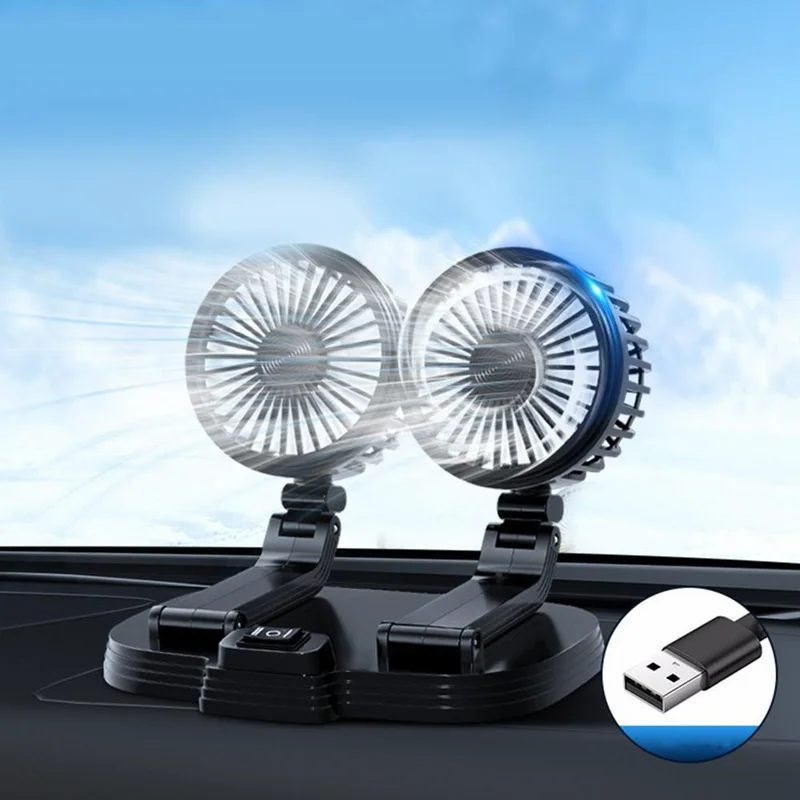 9626 360 Degree Rotation Double Head Car Cooling Fan Rechargeable Two Speeds Desk Fan - White