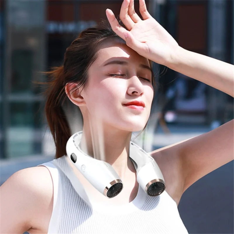 Portable Neck-Mount Cooling Fan Digital Display Bladeless Fan Wearable Personal Air Cooler - White
