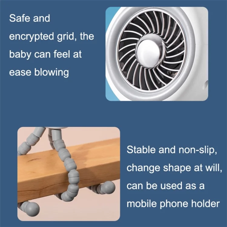 Niedlicher Kanincheninnenraum-Außenkühlventilator mit flexiblem Stativ, Clip-on-Kinderwagen-Ventilator, handlich, leise, drehend, Luftkühler - Weiß
