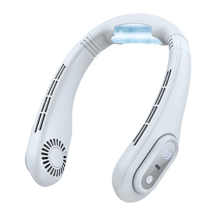 Ventilador de refrigeración portátil con cuello montado J18 Summer, sin aspas y con pantalla digital - Blanco