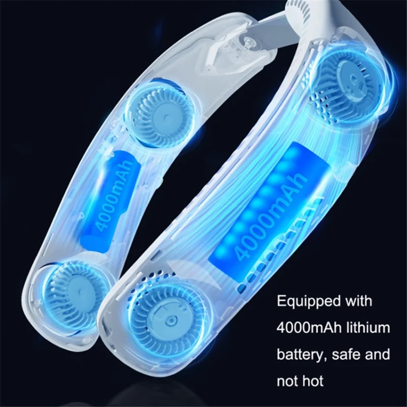Portable Foldable Neck Fan USB Rechargeable 4-Core Wearable Cooling Fan - Blue