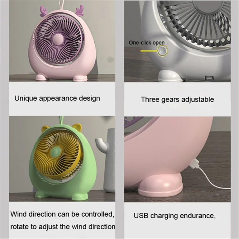 Cute Deer Ear Design Cooling Fan USB Power Home Office Portable Fan with 3 Wine Speed Adjustments, Size L - White