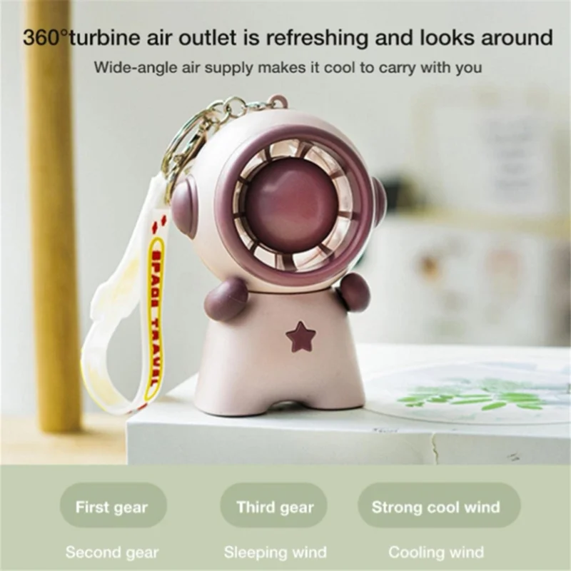 Astronaut Shape Small Fan 3 Gears Low Noise Portable Handheld Fan with Keychain - Pink