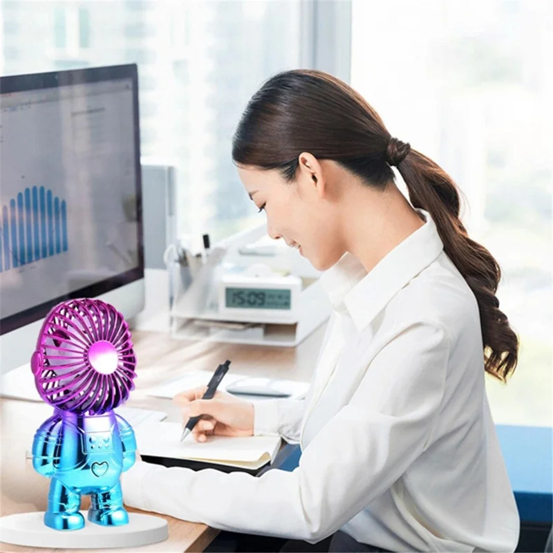 Electroplating Astronaut ABS Mini Handheld Desktop Fan Summer Fan Cooler with Gradient Light - Purple