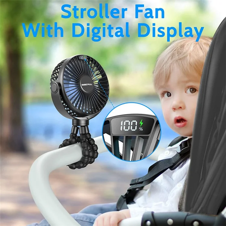 Bulk Purchasing S3 Flexible Octopus Tripod Baby Stroller Fan Digital Display Summer Fan Cooler - Black