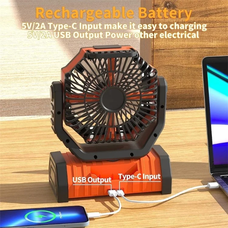 Outdoor Camping-Ventilator mit Beleuchtung, Fernbedienung, doppelten Haken, tragbarer 9000-mAh-Powerbank, Kühlventilator - Orange
