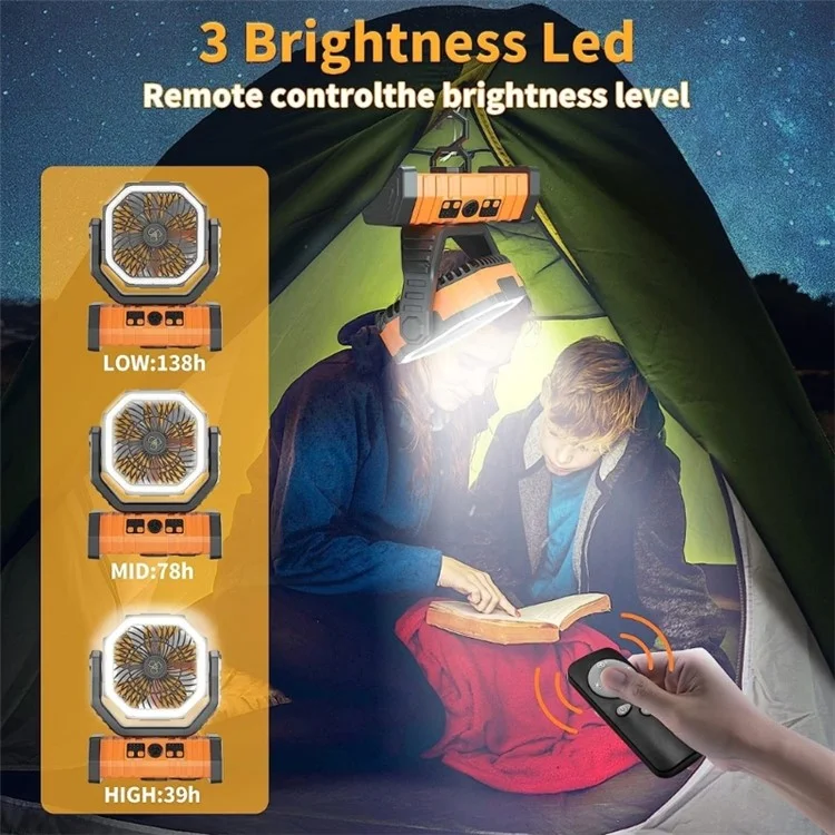 Outdoor Camping-Ventilator mit Beleuchtung, Fernbedienung, doppelten Haken, tragbarer 9000-mAh-Powerbank, Kühlventilator - Orange