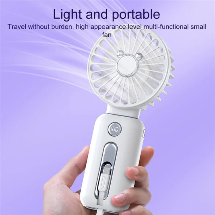 2-in-1 Portable Handheld Cooling Fan USB Rechargeable Fan 10000mAh Phone Charger Power Bank - White