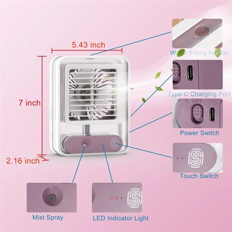 Befeuchtendes Sprühventilator-Schreibtischventilator, USB wiederaufladbar, Heimkühler, Bürokühlventilator mit Nachtlicht - Orange
