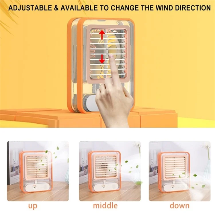 Befeuchtendes Sprühventilator-Schreibtischventilator, USB wiederaufladbar, Heimkühler, Bürokühlventilator mit Nachtlicht - Orange