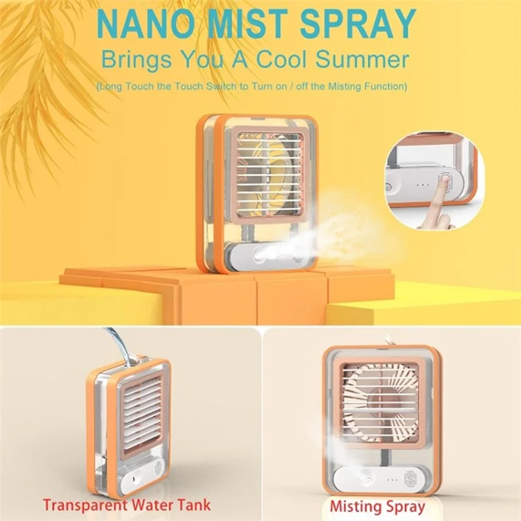 Befeuchtendes Sprühventilator-Schreibtischventilator, USB wiederaufladbar, Heimkühler, Bürokühlventilator mit Nachtlicht - Orange