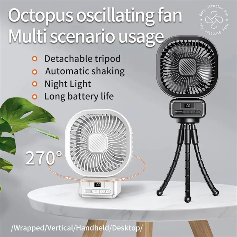 A28 6-Inch Multi-Functional Oscillating Cooling Fan with Tripod for Baby Stroller, Camping - White
